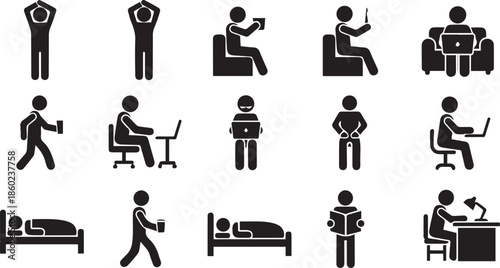 Black stick figure showing various daily activities and poses silhouette person woman