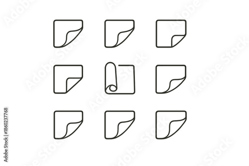 Nine outlines of rolled or folded paper squares on a gradient background