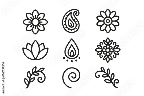 Set of nine henna-inspired ornamental icons