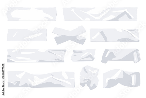 Collection of wrinkled and crumpled white adhesive tape pieces