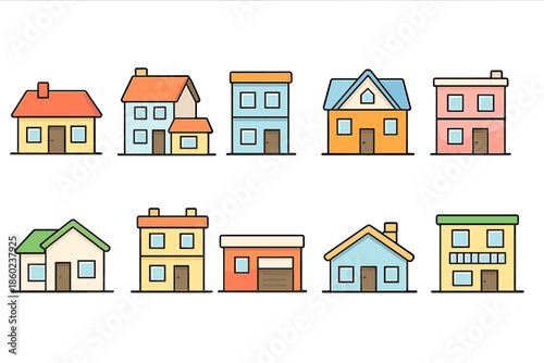 Collection of cartoon houses with colorful facades