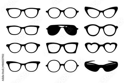 Collection of diverse eyeglass frames on a gray background