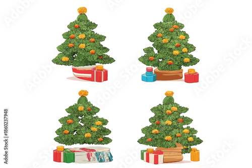 Four Whimsical Christmas Trees with Gifts and Colorful Lights