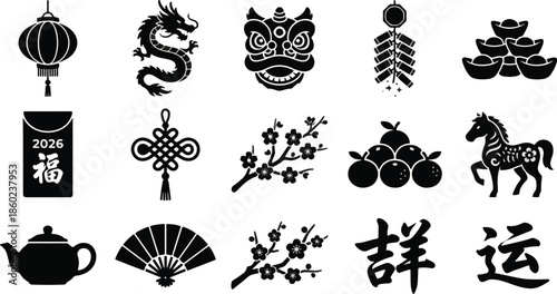 2026 chinese new year silloute icon set ;lunar new year i celebratory symbole for year of the hores  including  red lanterns dargon lion dance firecaker gold ingots  hongbao and lucky knot for spring 