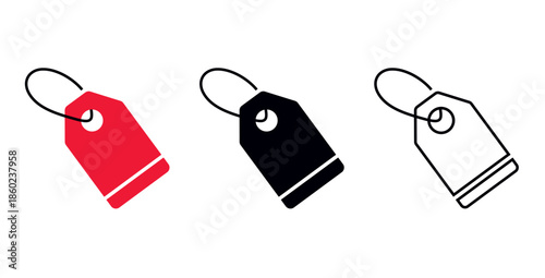 Price tag icon set for retail and e-commerce | Red, black silhouette, and outline vector labels for sales and shopping | Vector Price tag icon set | Editable Stroke Outline tag Icons Set for Sale