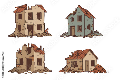 Set of four cartoon ruined houses