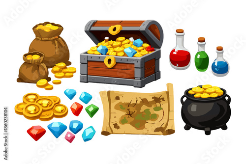 Treasure chest full of gold coins and gems