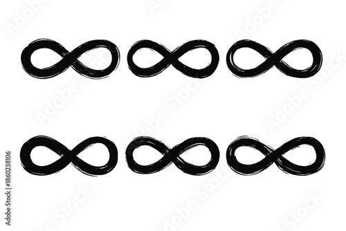 Six black infinity symbols on a dark background