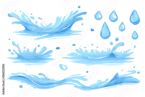 Blue Water Splashes and Droplets