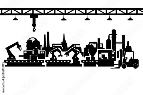 Industrial factory line with robotic arms and forklift