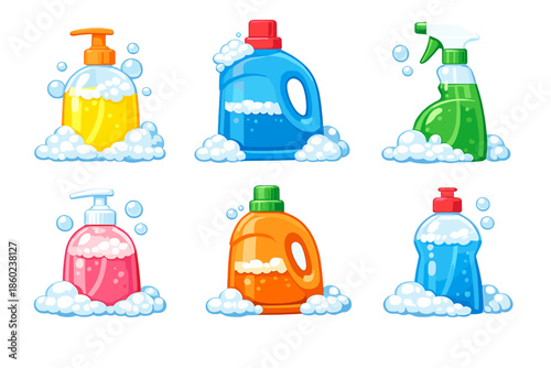 Collection of cartoon cleaning product bottles with soap bubbles