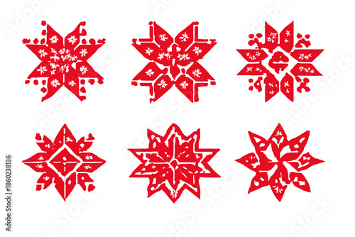 Six Red Starbursts with White Flower Accents on a Dark Red Background