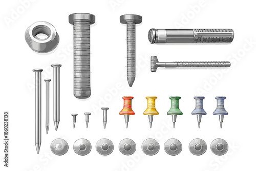 Collection of fasteners and hardware on a grey background