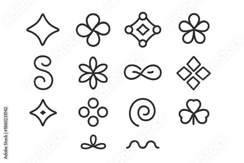 Collection of black outlined abstract symbols on a gray background
