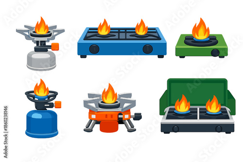 Collection of camping stoves with burning flames