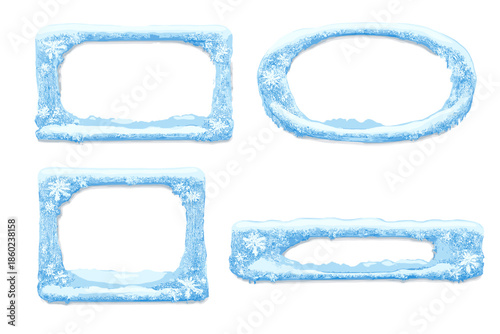 Four icy frames with snowflakes and frosty edges