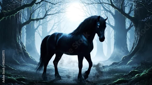 A mystical black horse with glowing eyes stands in an enchanted forest. Ethereal, moody atmosphere