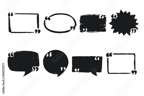 Collection of eight rough, hand-drawn speech bubble and quote box shapes
