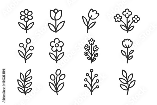 Minimalist floral line art icons on dark background