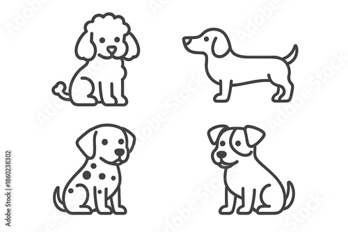 Four cute outline dogs in different breeds on a grey background.