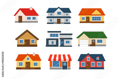 Collection of nine cartoon houses and buildings in different colors and styles.