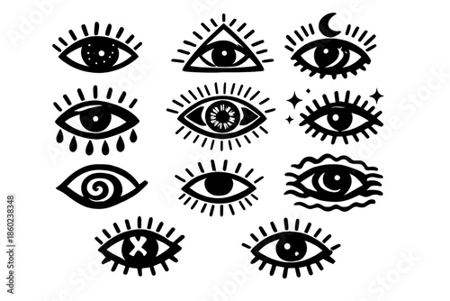 Collection of stylized eye symbols on a dark background