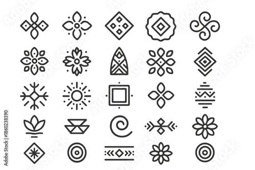 Set of ethnic ornamental icons on dark gradient background
