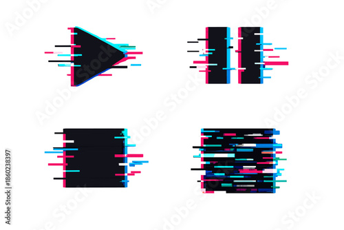 Play and Pause glitch icons with vibrant neon glow