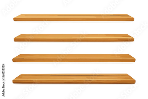 Four empty wooden shelves mounted on a wall