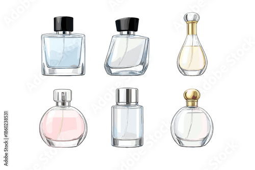 Collection of six perfume bottles arranged in two rows