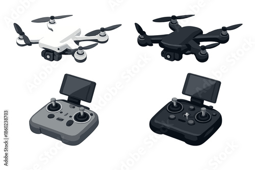 Four Drones and Remote Controllers in Black and White Tones