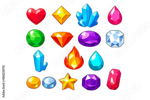 Assortment of colorful, glowing game gems and crystals