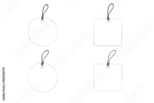 Four blank luminous tags with strings, round and square shapes