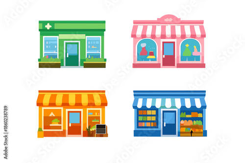 Four colorful cartoon shops in a digital art style