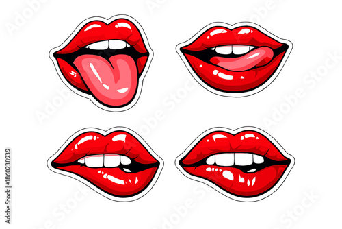 Set of four pop art style red lips stickers