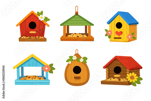 Cute Birdhouses with Flowers on a Gradient Background