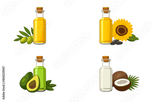 Bottles of natural oils with fruits and flowers