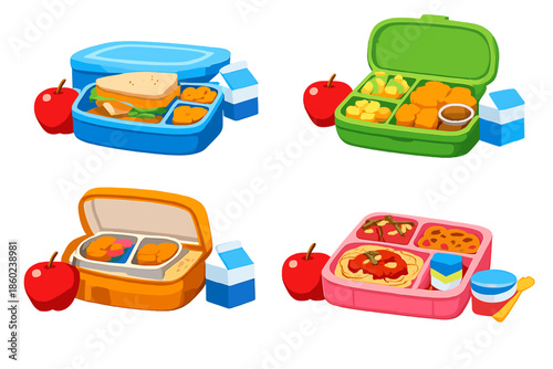 Four cartoon lunch boxes filled with food and drink
