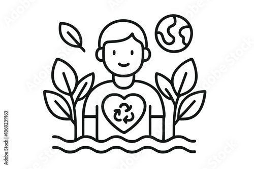 Icon of a person with a recycling heart surrounded by plants and the Earth
