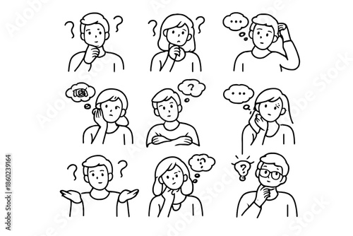 Set of 9 confused people icons with thought bubbles and question marks