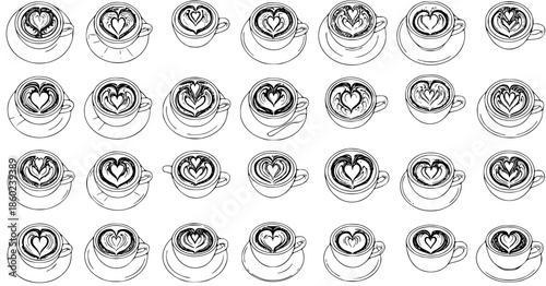 Black and White Line Art Pattern of Latte Coffee Cups with Heart Art