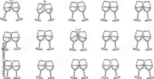 Hand-drawn Black and White Doodle Sketch Illustration of Toasting Wine Glasses - Perfect for Celebration, Party, and Beverage Industry Concepts