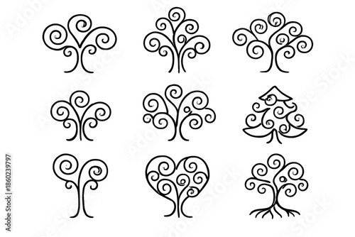 Set of nine stylized trees with curly branches
