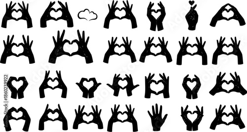 Black and white hand gesture heart symbols, romantic love connection, Valentine's Day, friendship, support, unity icons, vector art