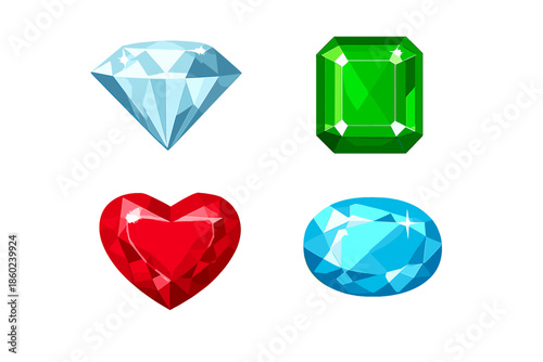 Four glowing gemstones on a gradient background