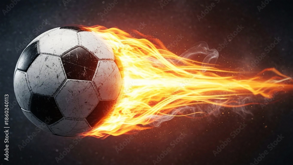 Fototapeta premium Soccer ball on fire with bright orange flames and smoke burning