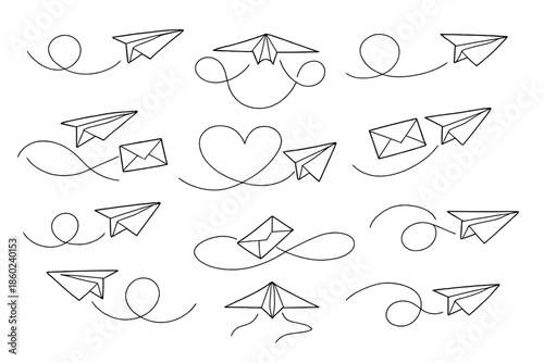 Paper airplanes and envelopes flying with swirling trails