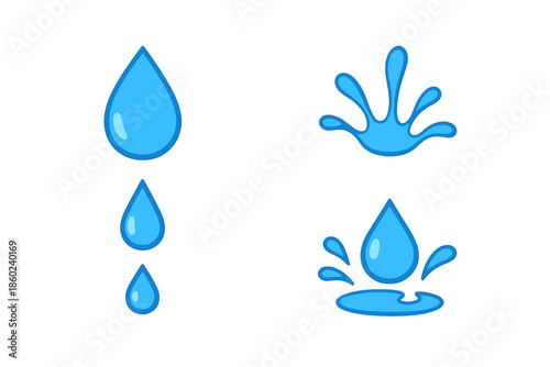 Blue water drops and splash icons on dark background