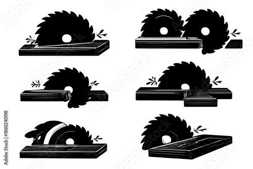 Abstract Silhouettes of Circular Saws and Wood Blocks