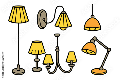 Collection of cartoon lamps illuminated with yellow and orange light